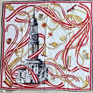 Silk scarf tourist souvenir red black white gold chain landmarks motif Europe